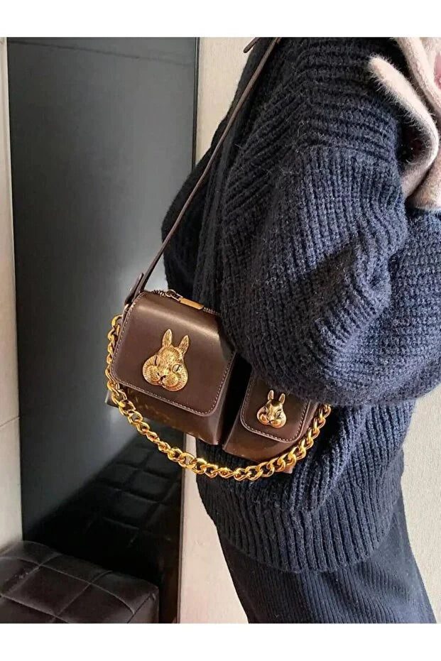 Women brown baguette bag with squirrel accessory design stylish shoulder handbag