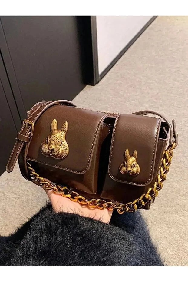 Women brown baguette bag with squirrel accessory design stylish shoulder handbag