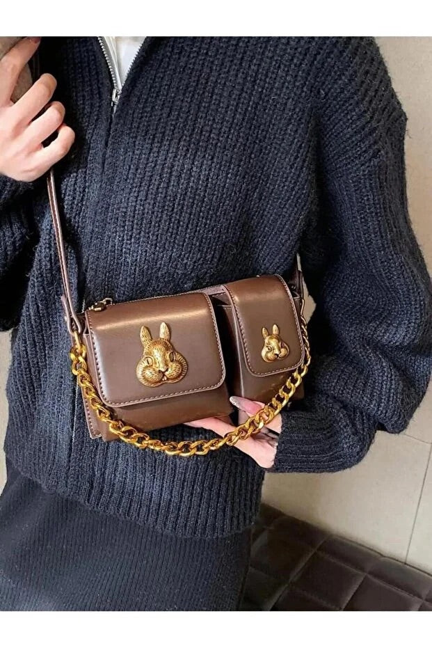 Women camel baguette bag with squirrel accessory design stylish shoulder handbag