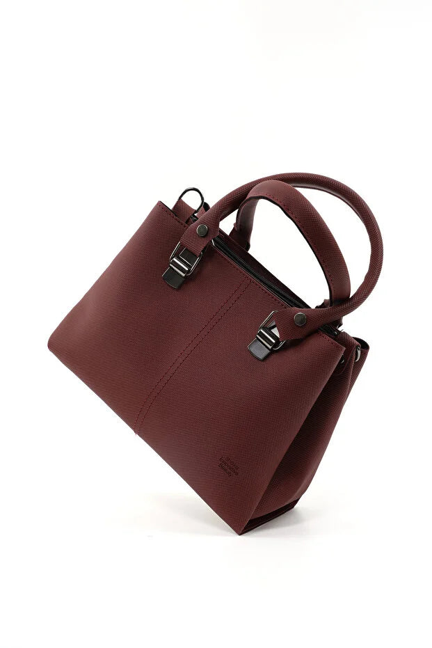 Brown Faux Leather Zippered Handbag with 3 Compartments Adjustable Strap Hand Arm and Shoulder Bag