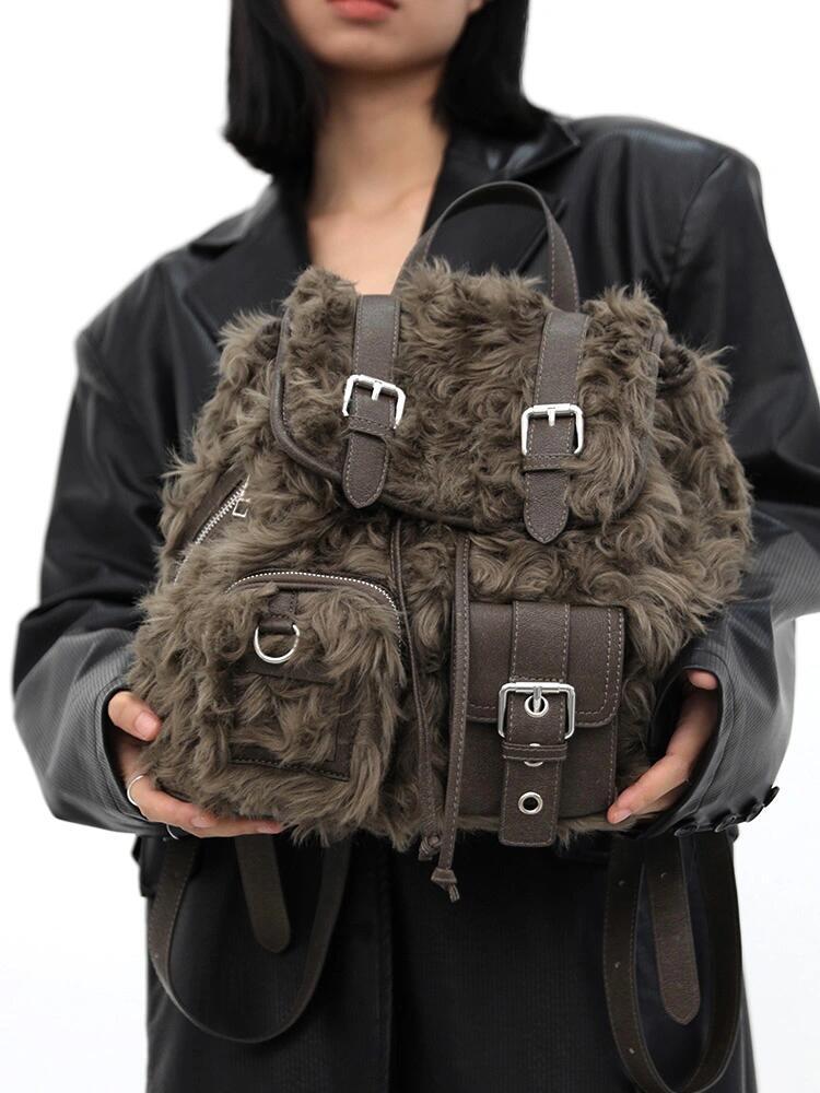 Brown Plush Retro Backpack Bag with Large Capacity for Daily - retro backpack bags plush large capacity bag