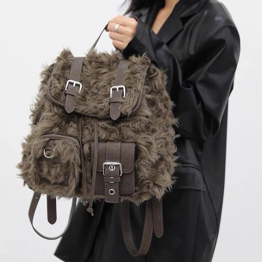 Brown Plush Retro Backpack Bag with Large Capacity for Daily - retro backpack bags plush large capacity bag