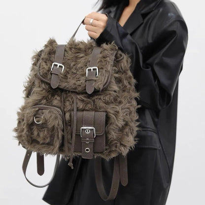 Brown Plush Retro Backpack Bag with Large Capacity for Daily - retro backpack bags plush large capacity bag