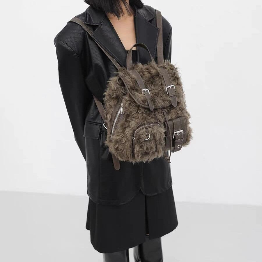 Brown Plush Retro Backpack Bag with Large Capacity for Daily - retro backpack bags plush large capacity bag