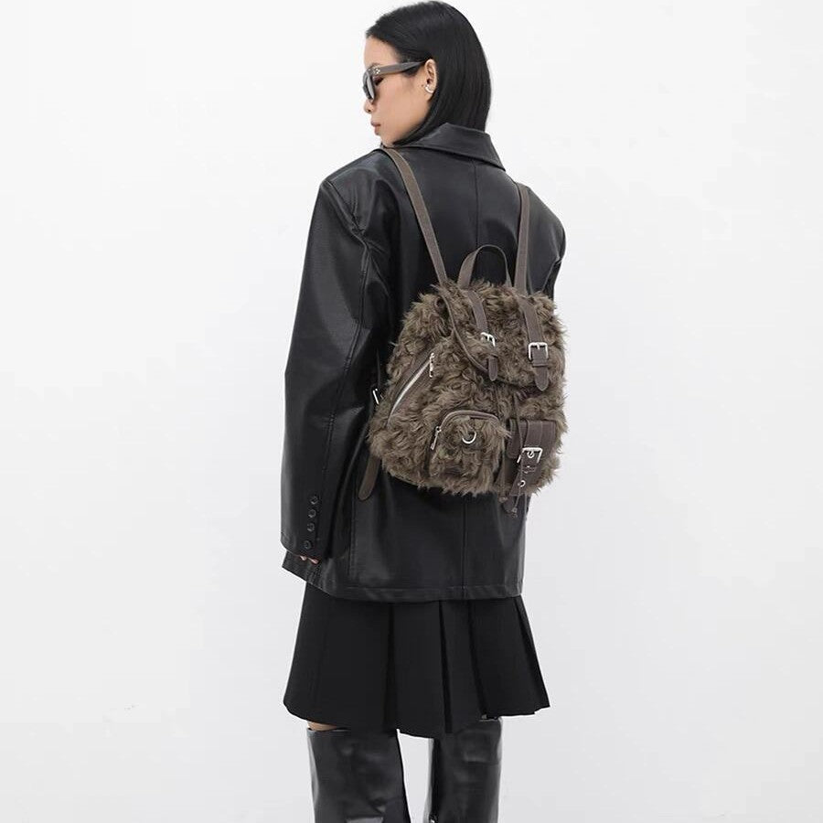 Brown Plush Retro Backpack Bag with Large Capacity for Daily - retro backpack bags plush large capacity bag