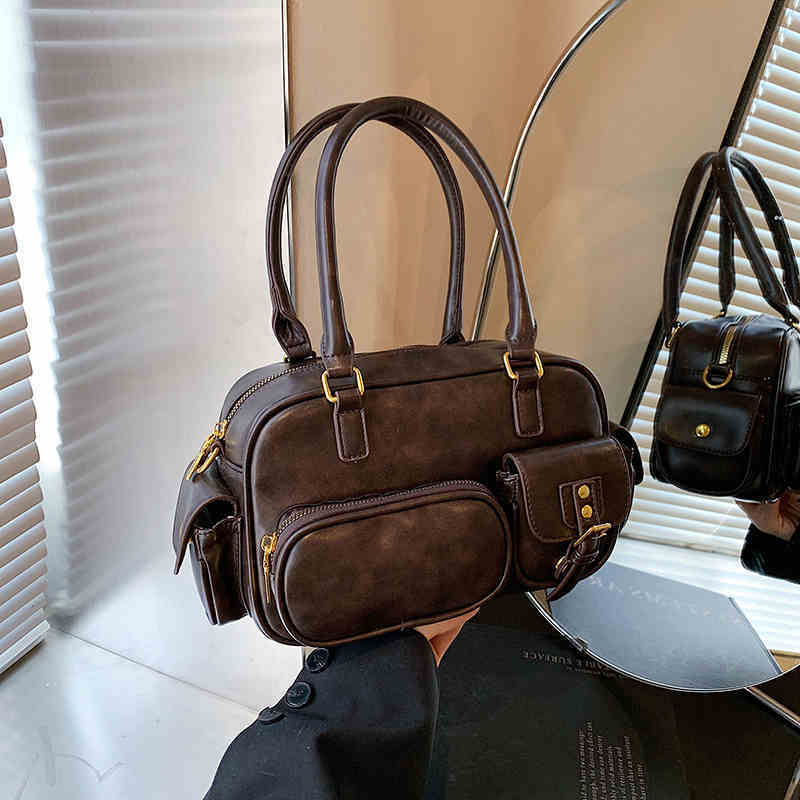 Brown Shoulder Strap Zipper Bag with Ribbon Pendant and Adjustable Sling - Teleplus shoulder strap