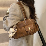 Brown Shoulder Strap Zipper Bag with Ribbon Pendant and Adjustable Sling - Teleplus shoulder strap