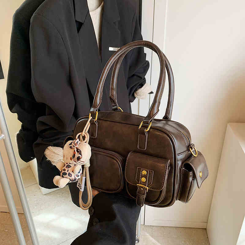 Brown Shoulder Strap Zipper Bag with Ribbon Pendant and Adjustable Sling - Teleplus shoulder strap