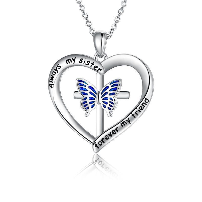 Butterfly Heart Pendant Necklace in White Gold Plated Sterling Silver - Butterfly Heart Necklace in White Gold Plated