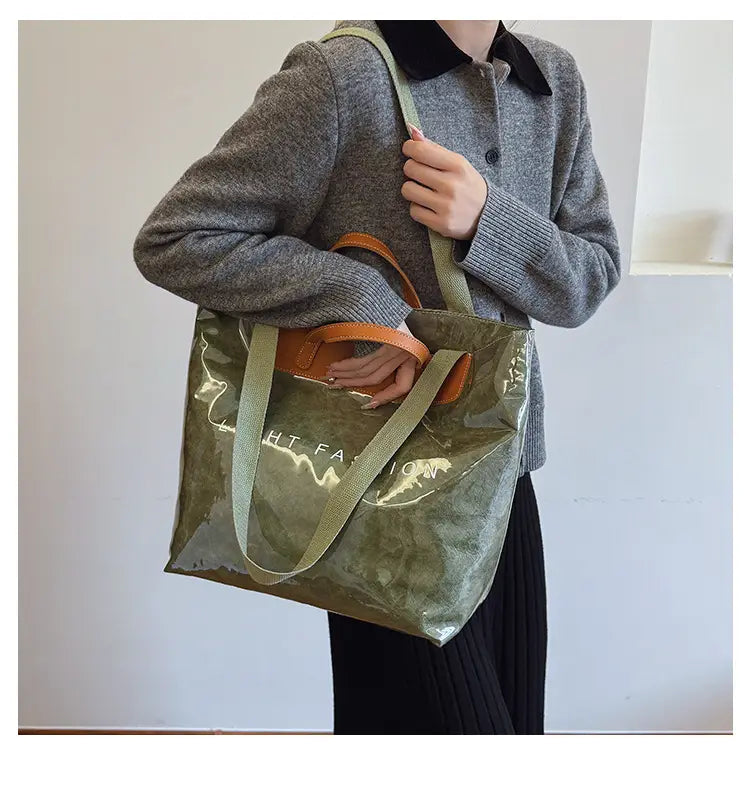 Kraft Paper Shoulder Bag Medium Square Tote in Neutral and Green Colors
