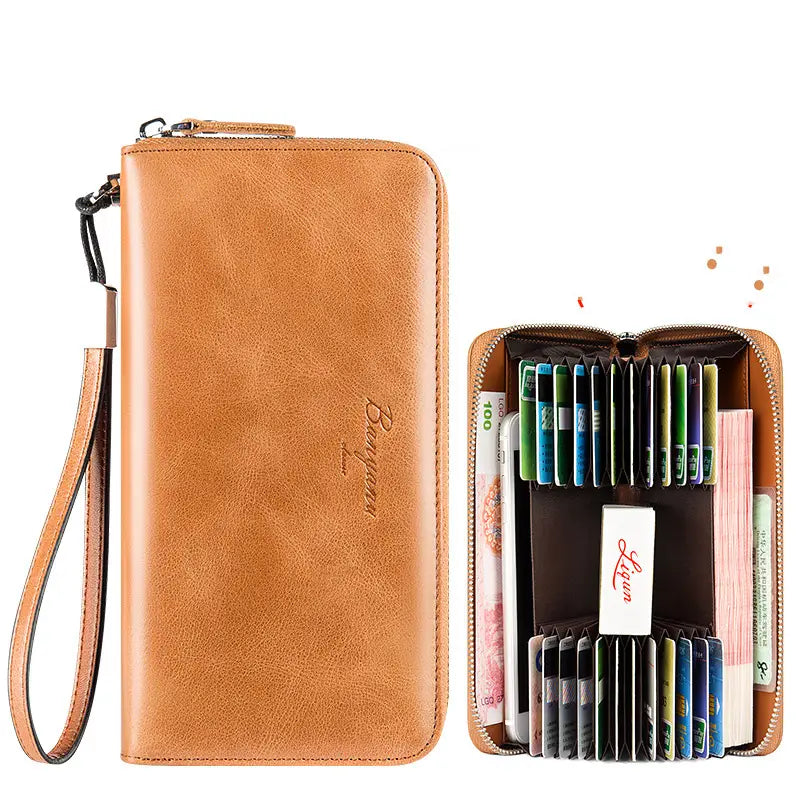 Leather Bank Card Holder Clutch Bag with Zipper and Key Slot