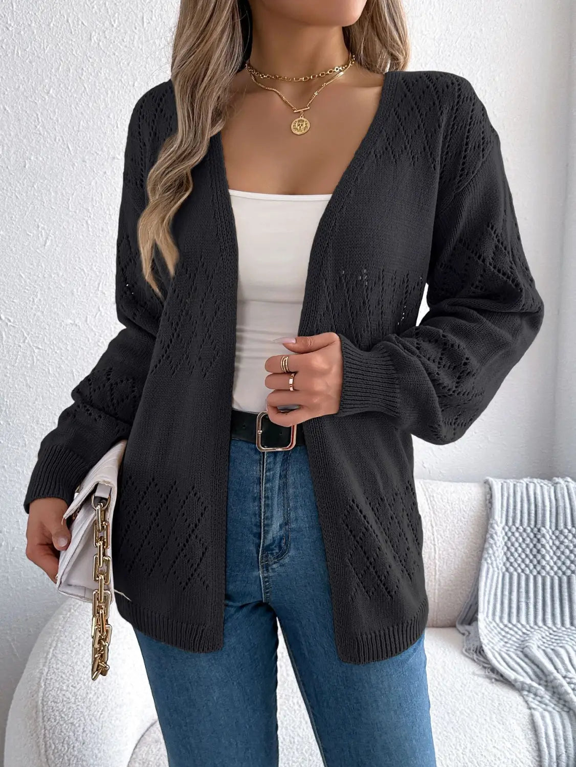 Khaki Bán Black Hollow Out Knit Cardigan Streetwear Swipster Hipster Hipster S-XL