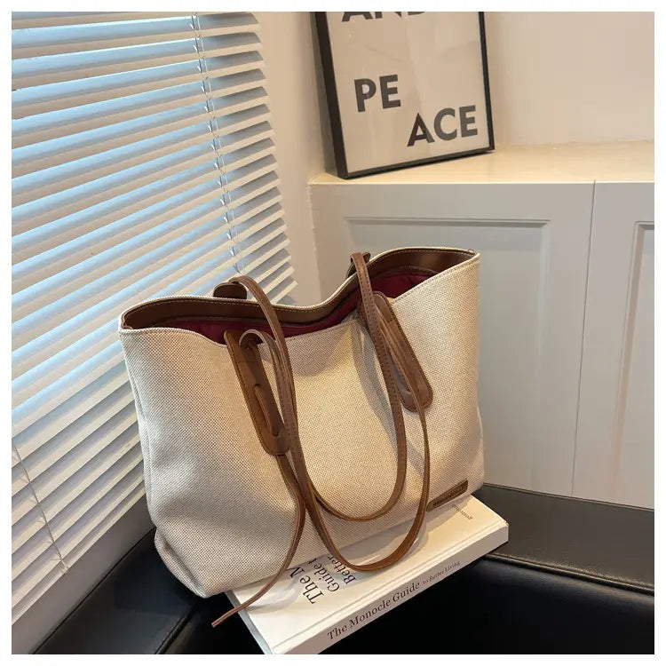 Canvas Shoulder Bag Large Oxford Tote Black Brown Double Strap for Travel Work