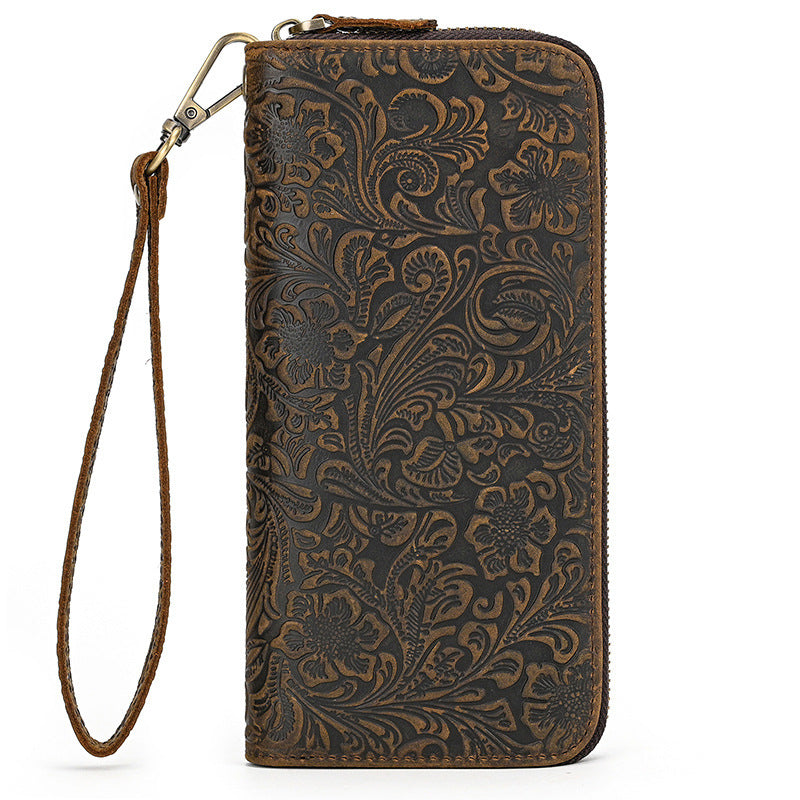 Men’s Crazy Horse Leather Retro Embossing Fashion Long Wallet - Men’s Crazy Horse Brown Embossed Wallet for Style