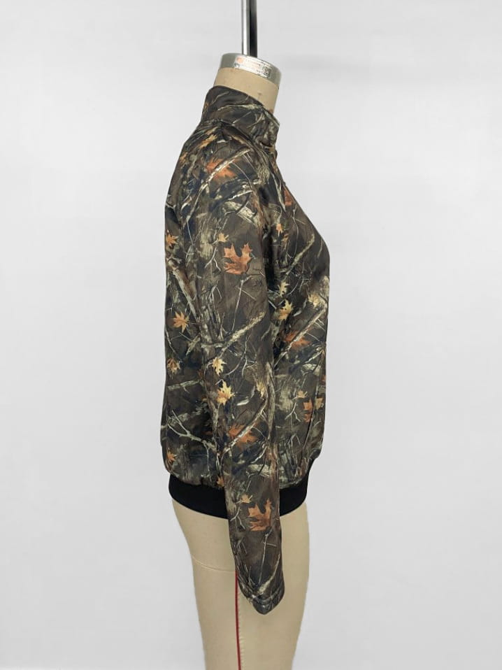 Army Green Floral Print Long Sleeve Shirt for Women Polyester Casual Top