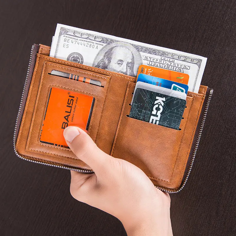 PU Leather Wallet with Zipper for United States and CHF Currency
