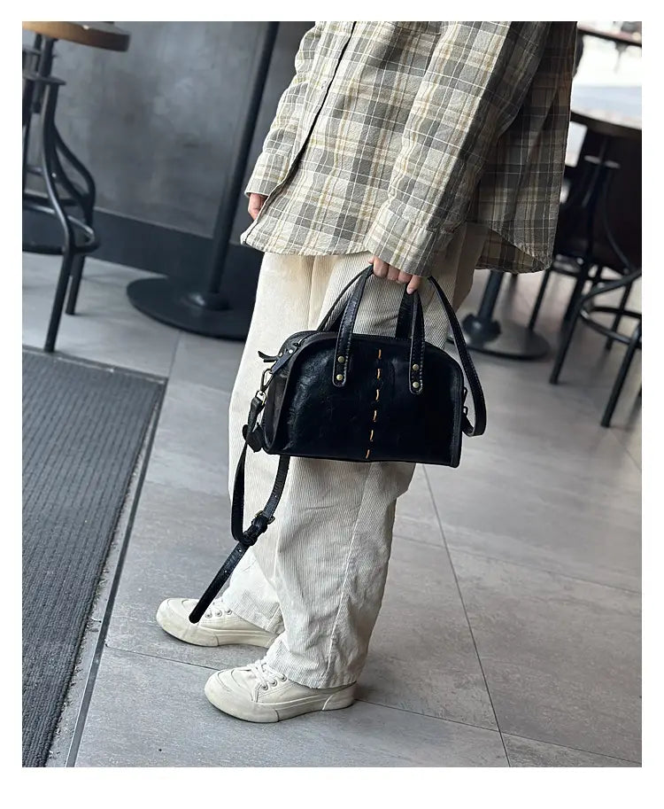 Portable Crossbody Bag with Genuine Leather for Simple Retro Literary Style