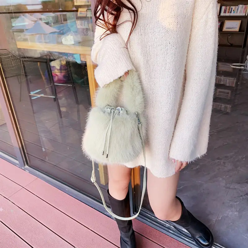Furry Crossbody Bag Portable Bucket Suitcase with Soft Plush Material