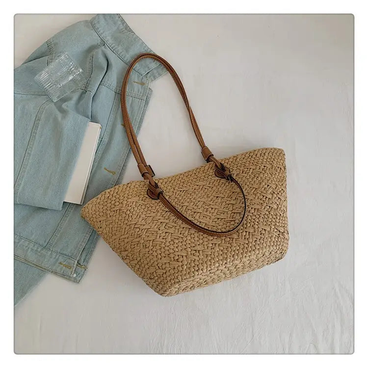 Woven Seaside Beach Bag with Open Pocket and Portable Straw Design