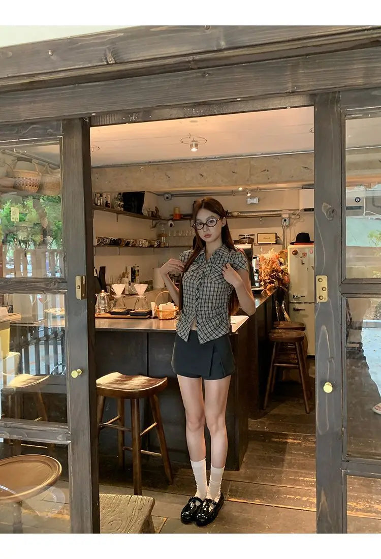 Plaid Cotton Short Sleeve Shirt for Women Men Loose Fit Spring Summer