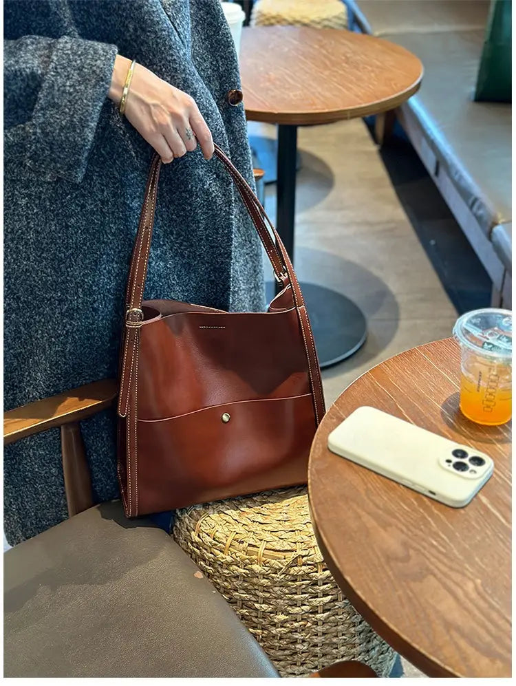 Genuine Leather Cowhide Tote Bag Square Handbag with Zipper Pocket for Women