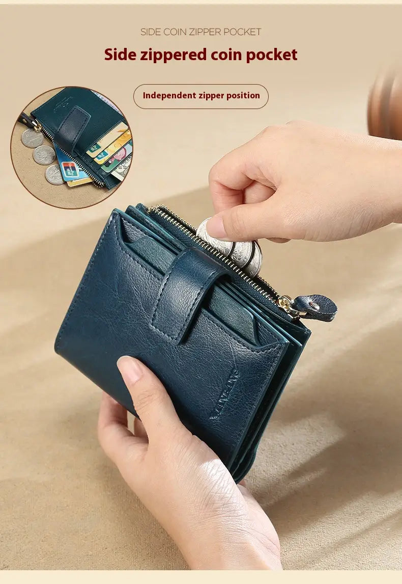 Sparán na mBan leathair gorm le sliotán cárta frith-ghoid agus líneáil poileistir