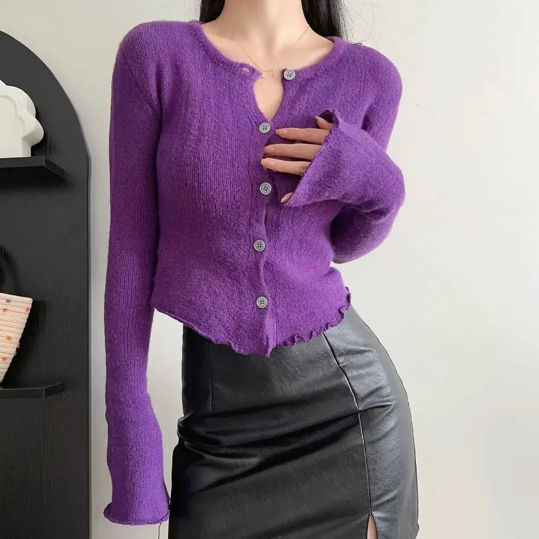 Sleeve Bell Plush Knit Cardigan Slim Slim Fit Hipster Stíl Sráid Cotton