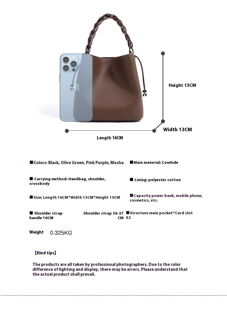 Cowhide Cross Body Bucket Bag with Cotton Lining and Open Pocket Medium Size