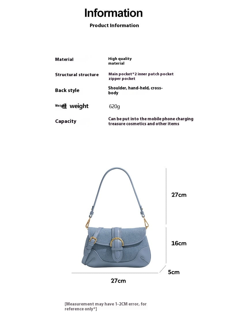 Retro Denim Blue Underarm Bag for Women with Sandwich Pocket and Zipper