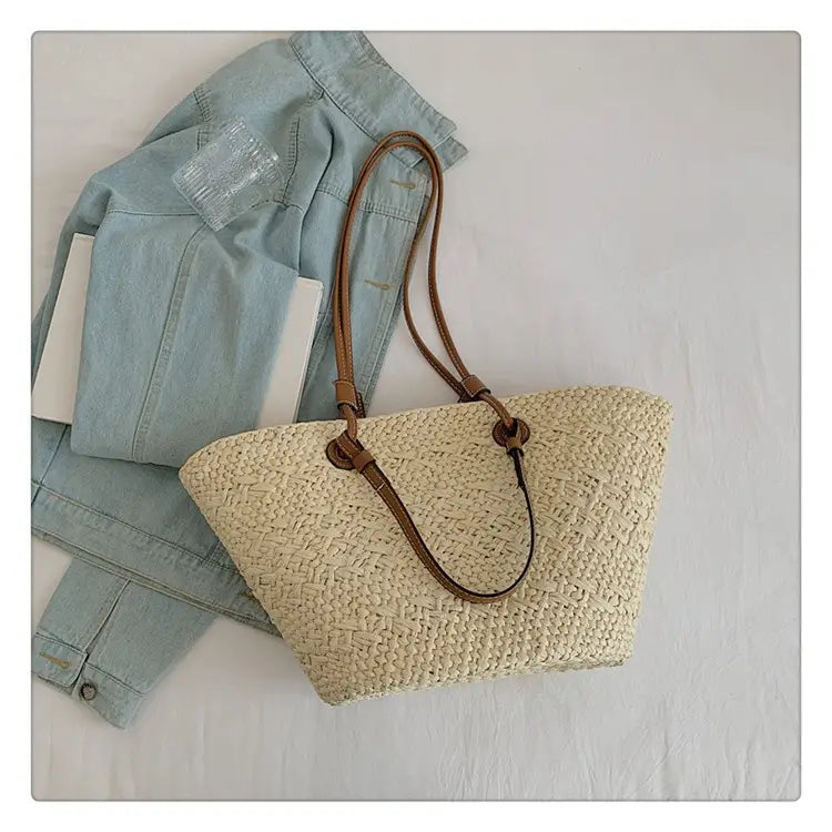 Woven Seaside Beach Bag with Open Pocket and Portable Straw Design
