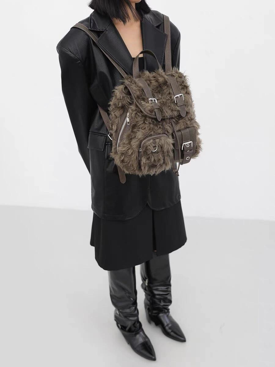 Brown Plush Retro Backpack Bag with Large Capacity for Daily