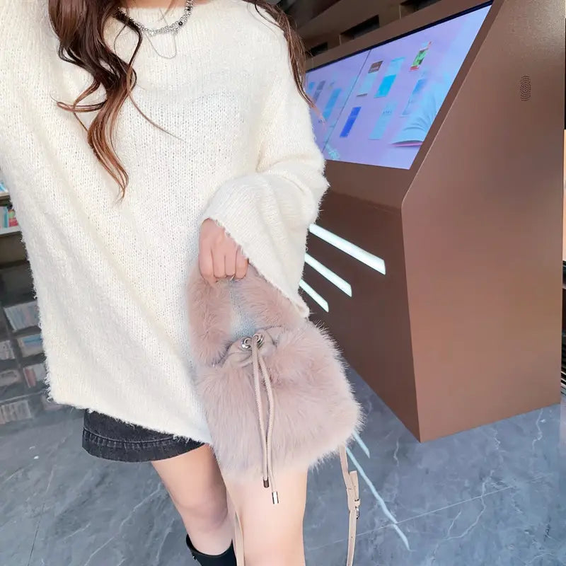 Furry Crossbody Bag Portable Bucket Suitcase with Soft Plush Material
