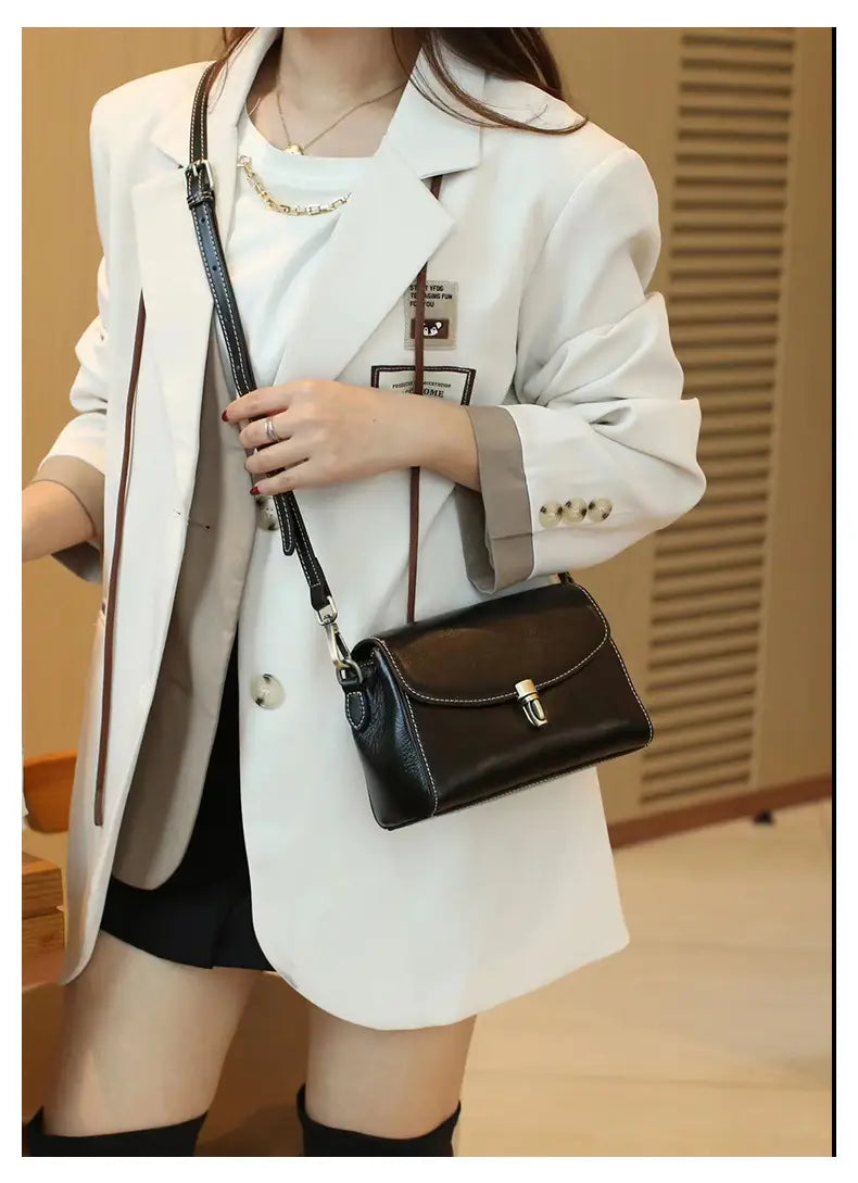 Exquisite Cowhide Small Square Bag with Internal Zipper in Stylish Simple Design