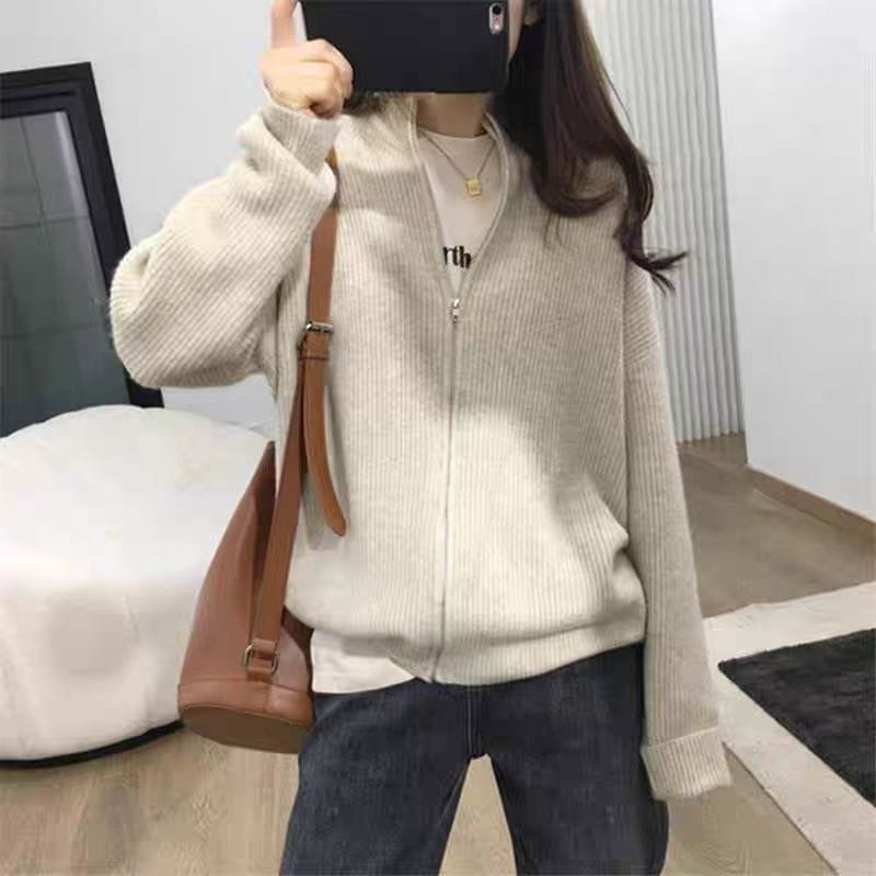 Tomgangsstil japansk koreansk casual glidelås cardigan løs strikket genser