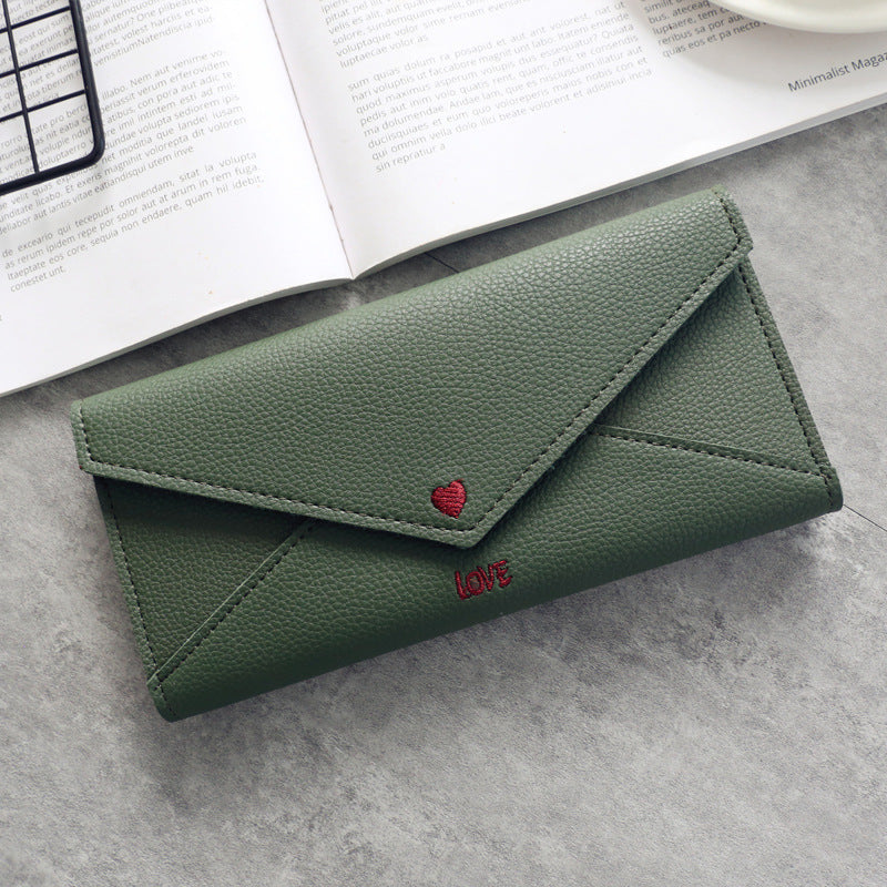 Women’s Long Heart-shaped Letter Embroidery Line 2 Fold Multifunctional Simple Wallet Student Multifunctional Wallet