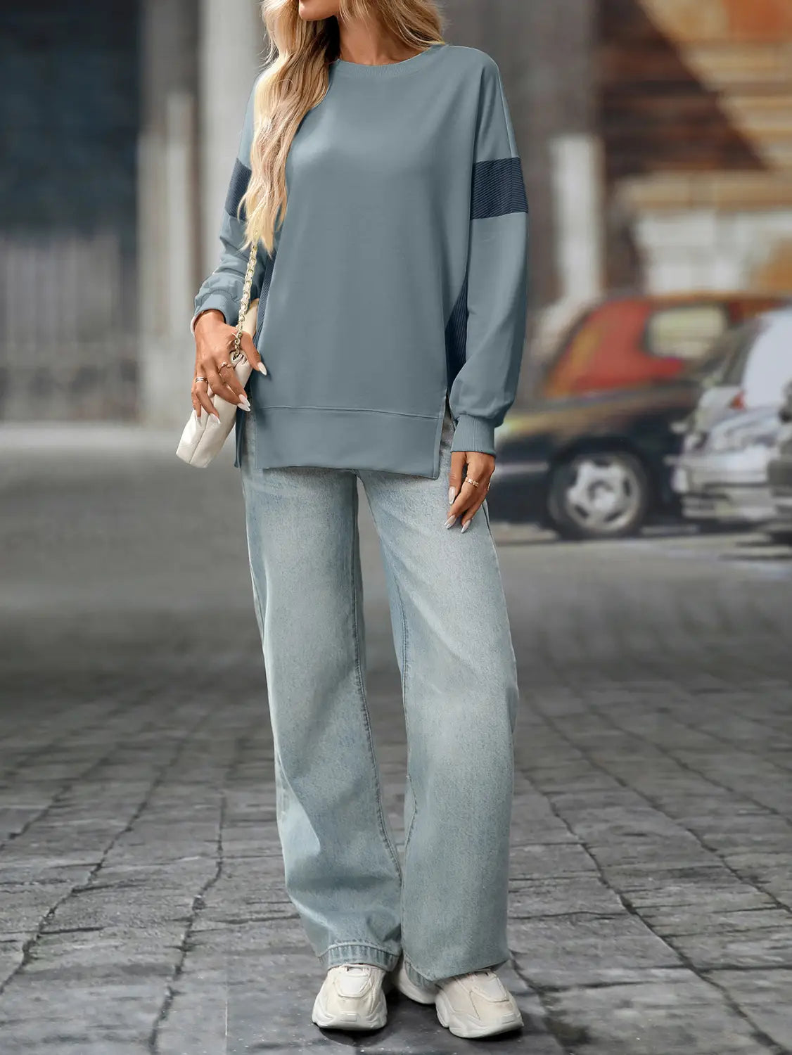 Moda de rua do suéter de pulôver colorida contraste do pescoço redondo para mulheres