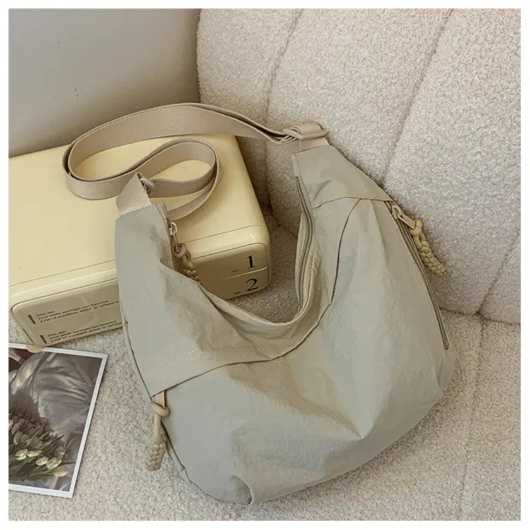 Nylon Messenger Bag Beige Black Travel Crossbody Shoulder Suitcase Purse