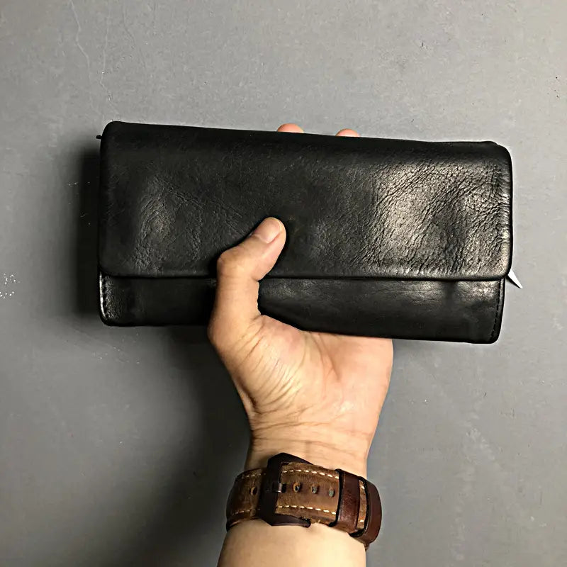 Black Cowhide Money Clip with Hidden Zipper and European Style Stitching