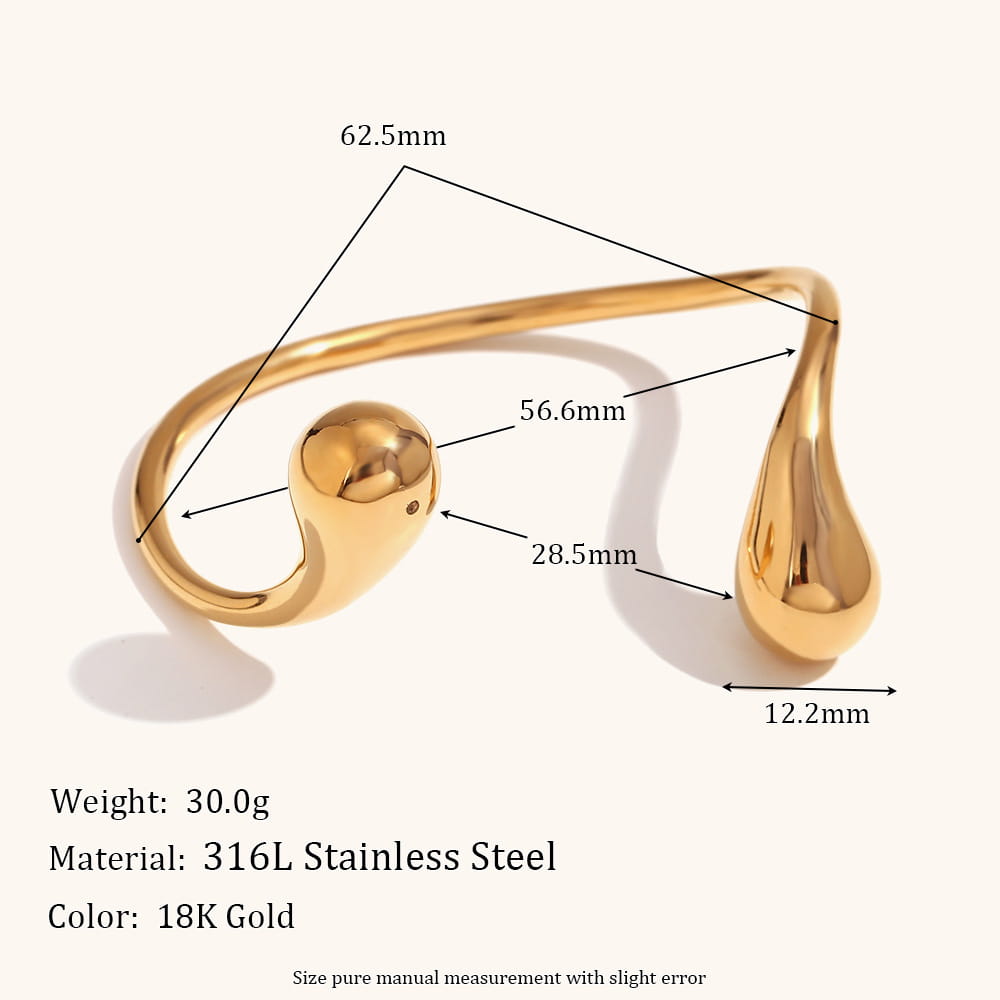 Simple Fashion Personality Light Luxury Stainless Steel Plated 18K Gold Double Water Drip Head Open Bracelet