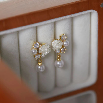 White Pearl Micro Inlaid Camellia Earrings for Women in the United States - Eardrops So Chic Even Camellias Are Jealous