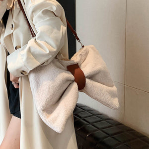 Canvas Bowknot Shoulder Bag with Fur Trim Soft Tote Purse for Women