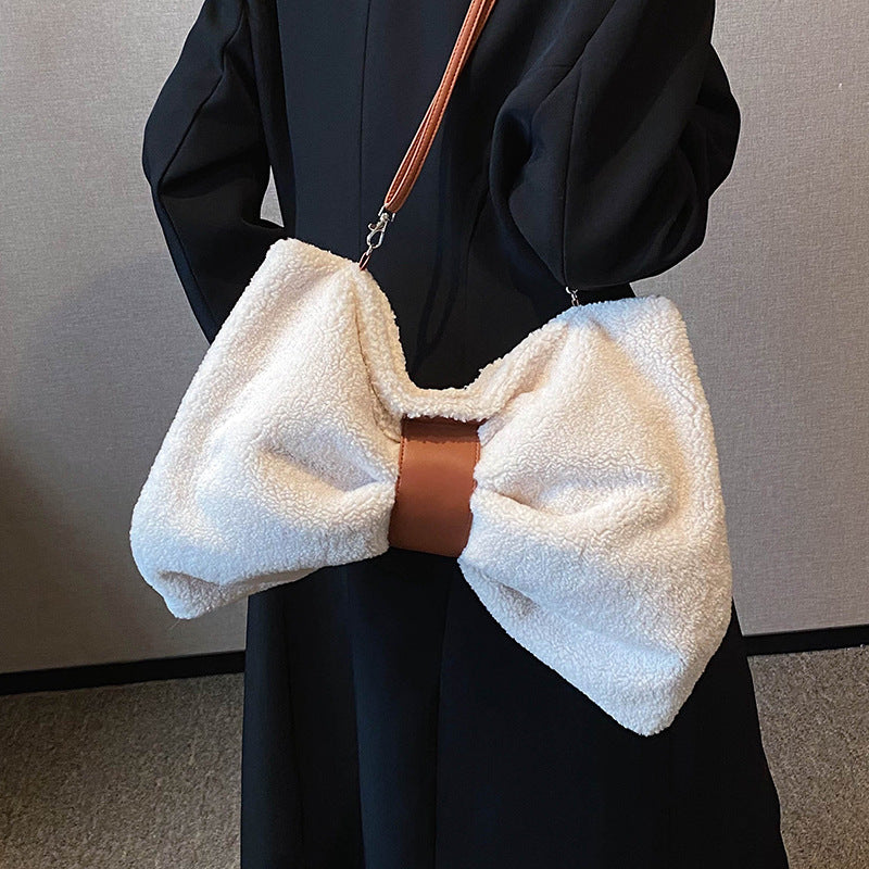 Canvas Bowknot Shoulder Bag with Fur Trim Soft Tote Purse for Women