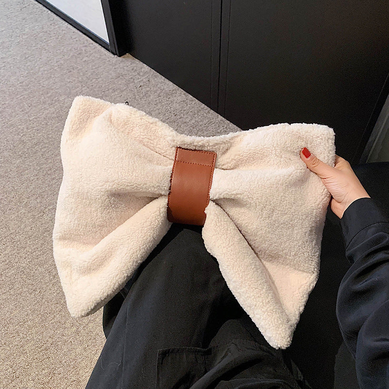 Canvas Bowknot Shoulder Bag with Fur Trim Soft Tote Purse for Women