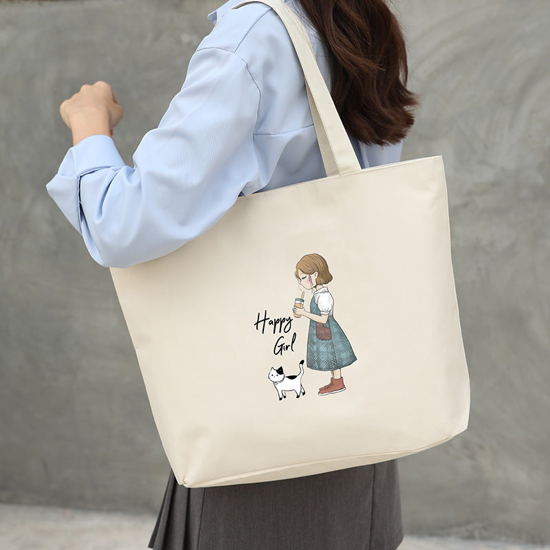 Canvas Shoulder Handbag Student Tote with Sandwich Pocket and Oxford Cloth Design - Teleplus shoulder handbag student