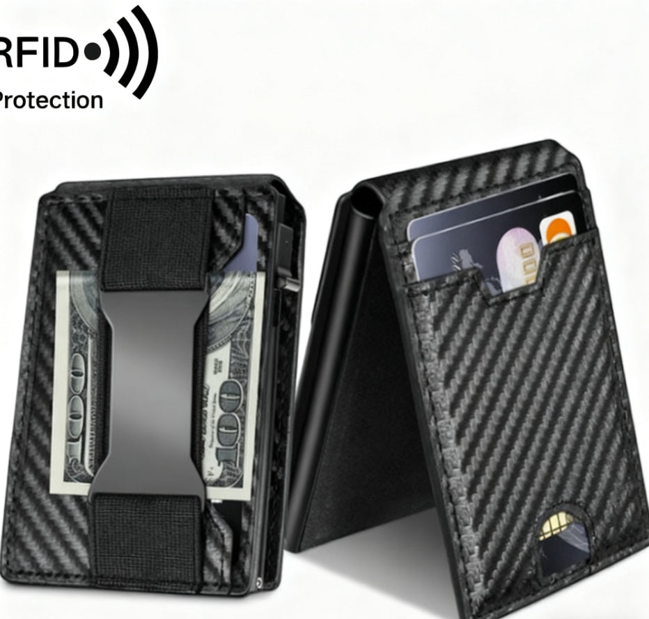 Carbon Fiber Pattern Slim PU Wallet RFID Blocking Money Clip for Men and Women