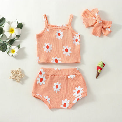 Casual Clothes Suspender Flower Top Shorts Headscarf Three-piece Set - Stylish Little Buds in Casual Clothes