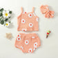 Casual Clothes Suspender Flower Top Shorts Headscarf Three-piece Set - Stylish Little Buds in Casual Clothes