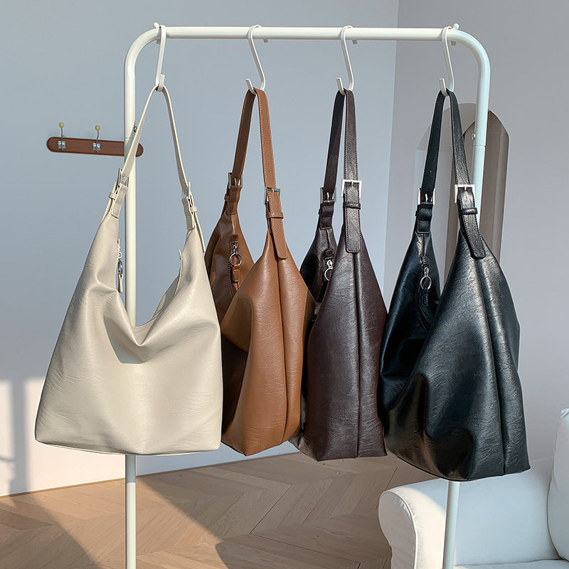Casual Soft Leather Tote with Polyester Lining and Dumpling Shape Design - Teleplus fashion casual soft leather tote