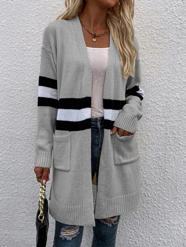 Contrast Color Striped Cardigan Gray Apricot Street Fashion Acrylic Sweater