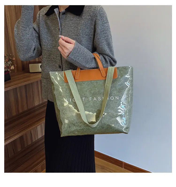 Kraft Paper Shoulder Bag Medium Square Tote in Neutral and Green Colors